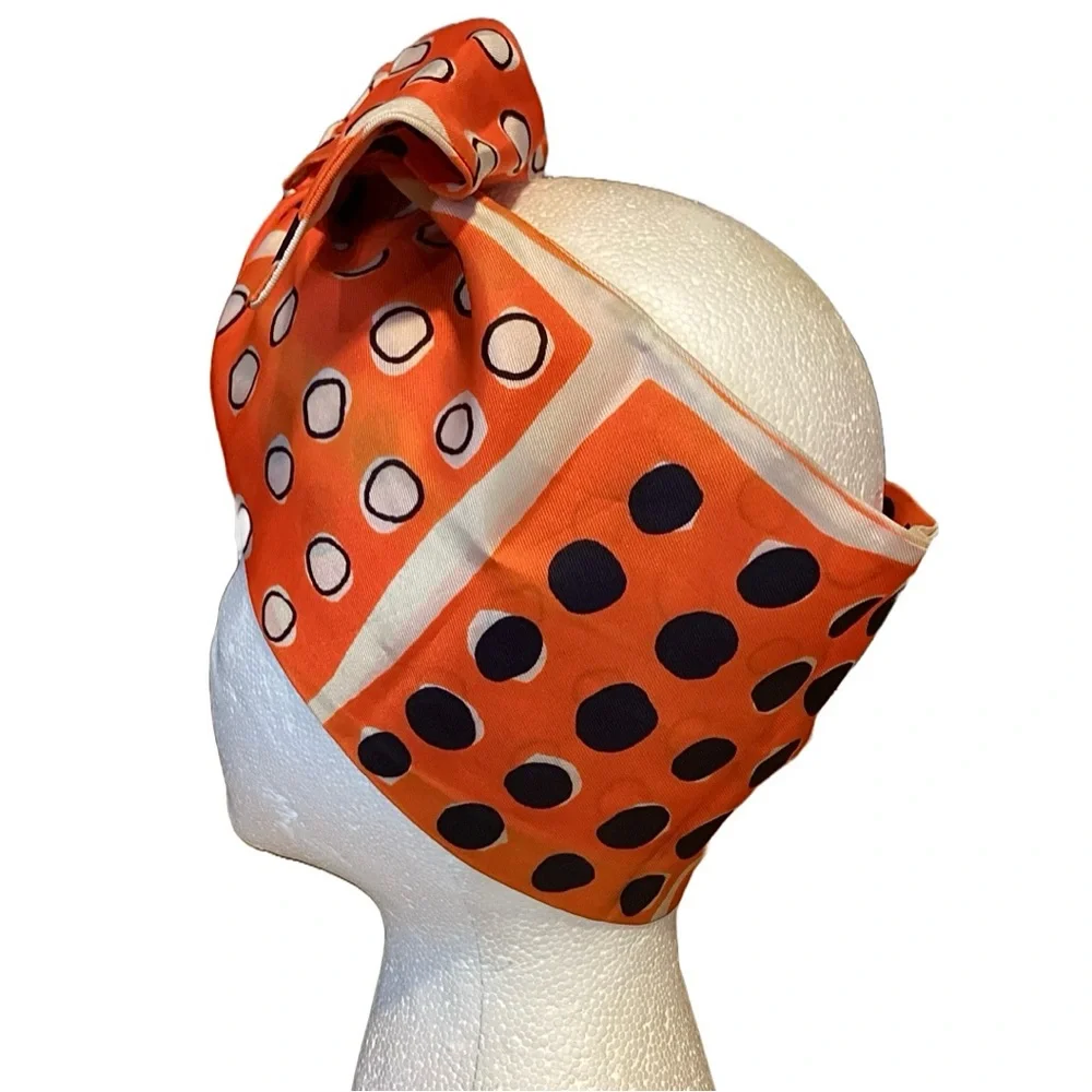 VINTAGE CIRCA 1960'S ORANGE, BLUE AND WHITE POLKA-DOT MOD SCARF